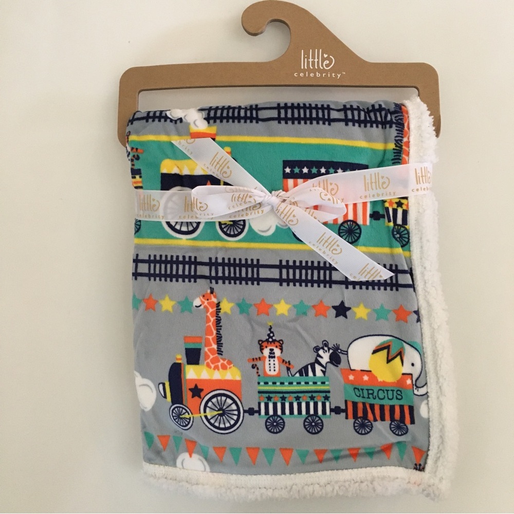 NEW Baby Blanket Multicolor Circus Train Theme Sherpa Reverse Baby Gift